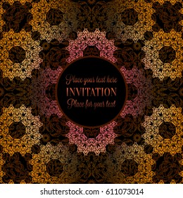 Luxury ornament, lace in pink, gold and yellow colors with vintage frame, victorian style invitation, wedding or greeting card, baroque background pattern, rich decor, perfect design template.