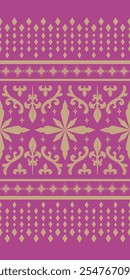 Luxury Ornament on Purple Violet and Gold Theme Embroidery Pattern. Enchant of Persia, Arabian Night Desert Decoration. Exquisitely Golden Silk Weaves Hand Draw with Florals Geometric Seamless Vector