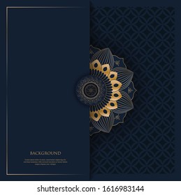 Luxury Ornament Pattern With Golden Vintage Ornament Mandala And Place For Text On Navy Blue Background For Invitation, Postcard Background