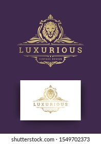 Luxury ornament vintage logo template design vector illustration and lion head silhouette. Royal brand vignettes ornate good for boutique or restaurant logotype.