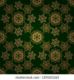 Luxury ornament for wallpaper, invitation, wrapping. Vector illustration. Royal golden seamless pattern on a green background.