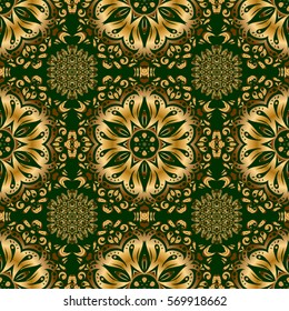 Luxury ornament for wallpaper, invitation, wrapping. Vector illustration. Royal golden seamless pattern on a green background.
