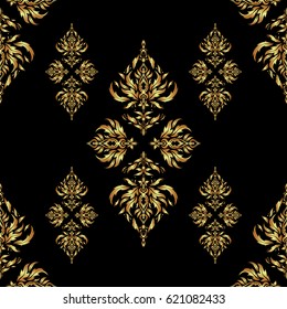 Luxury ornament for wallpaper, invitation, wrapping. Vector illustration. Royal golden seamless pattern on a black background.
