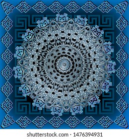Luxury ornamental arabesque vector mandala pattern. Greek key meander square frames. Geometric ornate background. Round floral arabic mandala, borders. Abstract 3d texture. Beautifil vintage ornaments
