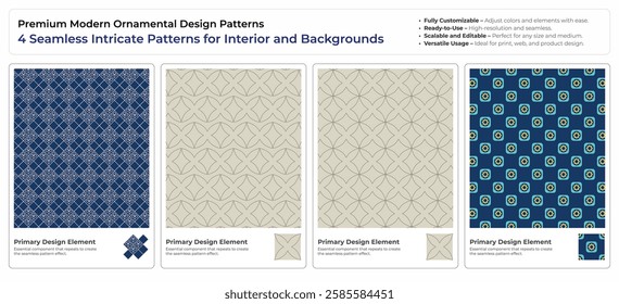 Luxury Ornamental Design Texture Patterns- 4 Seamless Vector Prints for Interior Decor and Textiles