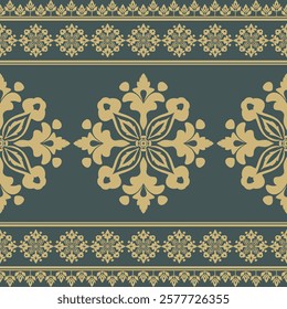 Luxury Ornamental Floral Pattern with Golden Motifs on Dark Green Background.