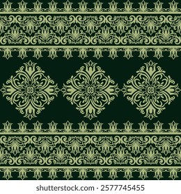 Luxury Ornamental Floral Pattern with Golden Motifs on Dark Green Background.