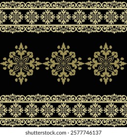 Luxury Ornamental Floral Pattern with Golden Motifs on Black Background.