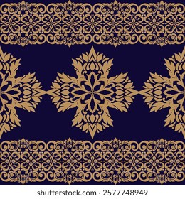 Luxury Ornamental Floral Pattern with Golden Motifs on Dark Blue Background.