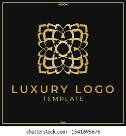 Luxury Ornamental Geometric Golden Logo Template on Dark Background for Fashion, Law Firm, Jewelry, Entertainment, Expensive Product, Exclusive Item, High Price, Classy, Precious, Limited, Hotel etc.