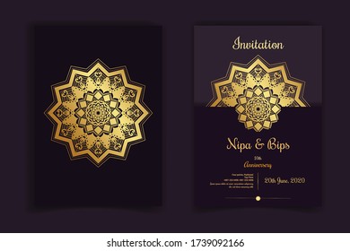 Luxury ornamental Invitation card with mandala design background in gold color