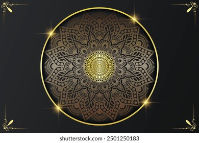 Luxuriöser ornamentaler Mandala-Hintergrund mit goldenen arabesken Mustern, Einladungselement, Meditationsplakat, Yoga, Hochzeit, Buchumschlag, Titelseite, luxuriöse Mandala-Kunstgrafik, Vektorgrafik