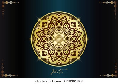 Luxuriöser ornamentaler Mandala-Hintergrund mit goldenen arabesken Mustern, Einladungselement, Meditationsplakat, Yoga, Hochzeit, Buchumschlag, Titelseite, luxuriöse Mandala-Kunstgrafik, Vektorgrafik