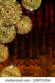 luxury ornamental mandala design background in gold color. Vector design templates. Business card with floral circle ornament. Golden frame Mandala lace style with laser cutting in brown damask drape 