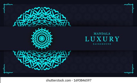 Luxury ornamental mandala design background in light blue color. Round mandala isolated on dark background. Vector illustration mandala