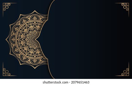 Luxury ornamental mandala design background in gold, Luxury wedding invitation, Ornamental floral corner frame, Islamic black background with gold mandala decoration