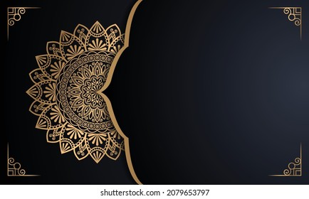 Luxury ornamental mandala design background in gold, Luxury wedding invitation, Ornamental floral corner frame, Islamic black background with gold mandala decoration