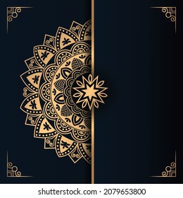 Luxury ornamental mandala design background in gold, Luxury wedding invitation, Ornamental floral corner frame, Islamic black background with gold mandala decoration