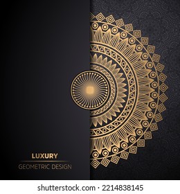 luxury ornamental mandala design background in gold color. Mandala vector round ornament luxury design. Golden ethnic element on black background. Hand drawn template for prints and decor