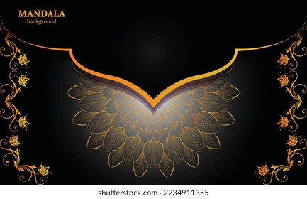 Luxury ornamental mandala design background in gold, Luxury wedding invitation, Ornamental floral corner frame, Islamic black background with gold mandala decoration