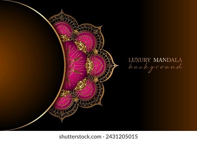 luxury ornamental mandala design background in gold color. Indian Round gold floral decoration on pink color, Islamic flower design with copy space, vector illustration on dark brown banner template