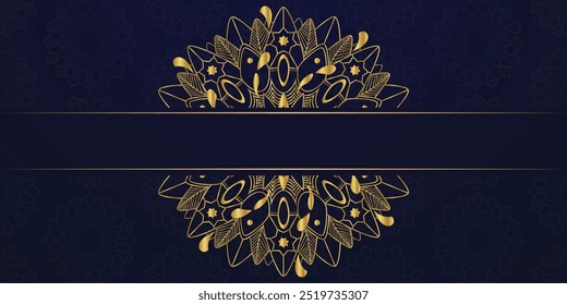 Luxury ornamental mandala design Blue background in gold, Luxury wedding invitation, Ornamental floral corner frame, Islamic black background with gold mandala decoration