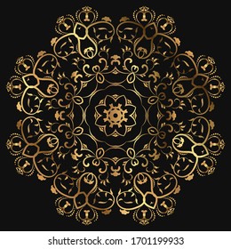 Luxury ornamental mandala design gold color on black background. Logo design template label for coffee; tea; business card. Isolated ornament. Vector Illustration.