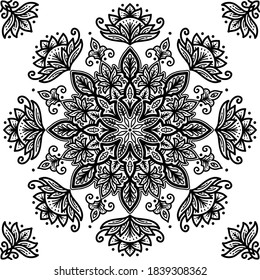 Diseño de plantilla de diseño de patrón de mandala ornamental de lujo vectorial, ornamento de dibujo manual en blanco y negro