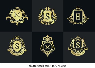 Luxury ornaments logos and monograms crest design templates set vector illustration. Royal emblems vintage vignette ornate elements.