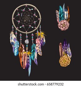 Luxury ornate Dream catcher with feathers, gemstones. Astrology, spirituality, magic symbol. Ethnic tribal element. Vector illustration