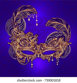 Luxury ornate golden carnival mask on a blue background. Vector illustration