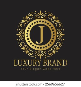 Luxury Ornate Letter J Logo with Floral Frame and Dots

