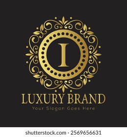 Luxury Ornate Letter I Logo with Floral Frame and Dots

