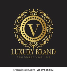 Luxury Ornate Letter V Logo with Floral Frame and Dots

