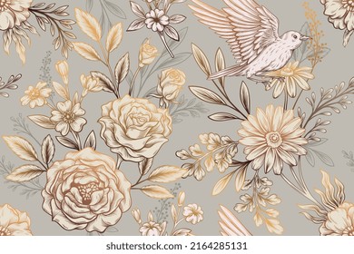 Luxury ornate pattern. Gradient seamless pattern with golden garden flowers, bird and branches with leaves. Design element for wallpaper or fabric printing. Vintage elegant vector illustration