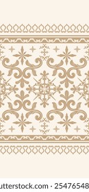 Brocado de seda dorada de lujo adornado del pergamino en Vector beige claro del patrón del fondo. Frontera detallada y rica sin costuras para una decoración delicada y rica. Estrellas y florales de la raya del oro con clase con Naturaleza