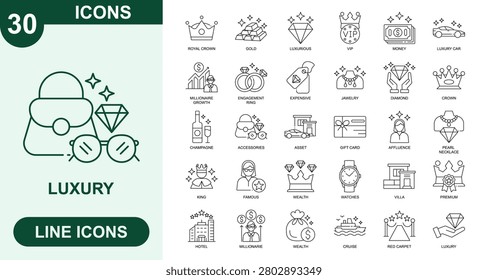 Luxury, Outline Vector Icons. Editable Stroke Icons Set. royal crown, gold, luxurious, vip, money, luxury car, millionaire growth, engagement ring, expensive, jawelry, diamond, crown, champagne, accessories, asset, gift card and more.