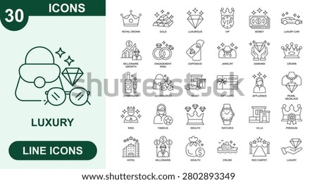 Luxury, Outline Vector Icons. Editable Stroke Icons Set. royal crown, gold, luxurious, vip, money, luxury car, millionaire growth, engagement ring, expensive, jawelry, diamond, crown, champagne, accessories, asset, gift card and more.