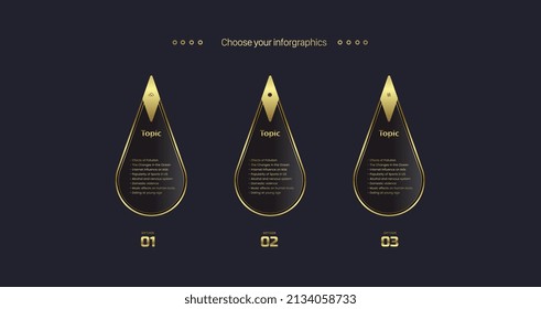 Luxury Oval shape Vector in Three golden buttons on Dark background, Three Modern Luxury Options flow chart design. vector, illustration