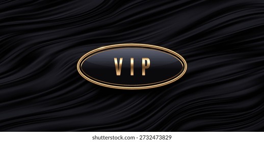 Botón VIP ovalado de lujo sobre fondo de seda ondulado negro. Insignia de oro de Vector de Premium con marco en textura de satén líquido oscuro para invitación exclusiva del club o diseño de membresía.