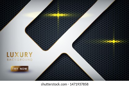 Luxury overlap layers background. Realistic white layers with gold and light effect on textured black hexagon background.