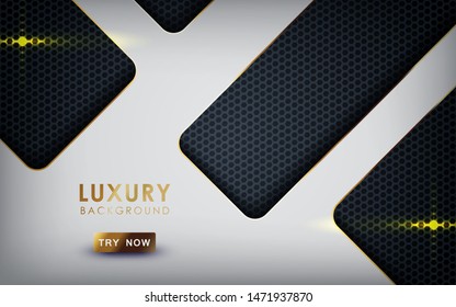 Luxury overlap layers background. Realistic white layers with gold and light effect on textured black hexagon background.