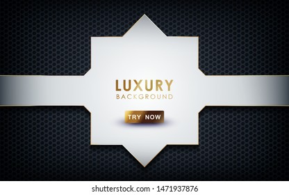 Luxury overlap layers background. Realistic white layers with gold and light effect on textured black hexagon background.