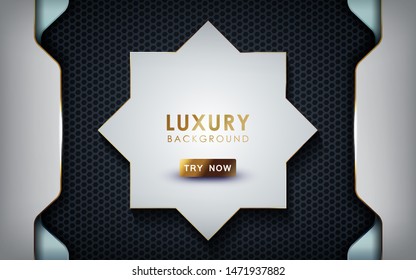 Luxury overlap layers background. Realistic white layers with gold and light effect on textured black hexagon background.