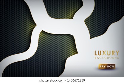 Luxury overlap layers background. Realistic white layers with gold and light effect on textured black hexagon background.