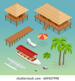 Luxury overwater thatched roof bungalow, bridge, palm tree, pleasure boat, kayak, beach lounger and sun umbrella. Tropical vacations. Isometric vector illustration