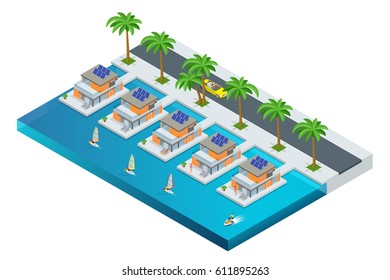 Luxury overwater thatched roof bungalow in a honeymoon vacation resort in the clear blue lagoon with a view on the tropical island. Tropical vacations. Isometric vector illustration