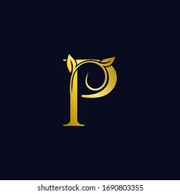 Luxury P Initial Letter Logo gold color, vector design concept ornate swirl floral leaf ornamen with initial letter alphabet for luxury style.
