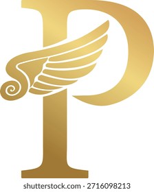 Design de logotipo de luxo P. P design do logotipo. Design do logotipo da Feather. Criativo design logotipo P com vetor ícone dourado. Vetor de ícone Flying e Falcon