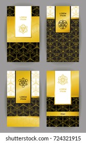 Luxury package templates. Vector set of labels and emblems in trendy linear style for food or cosmetics products. Geometric pattern background, black or golden logo. Identity, branding design elements